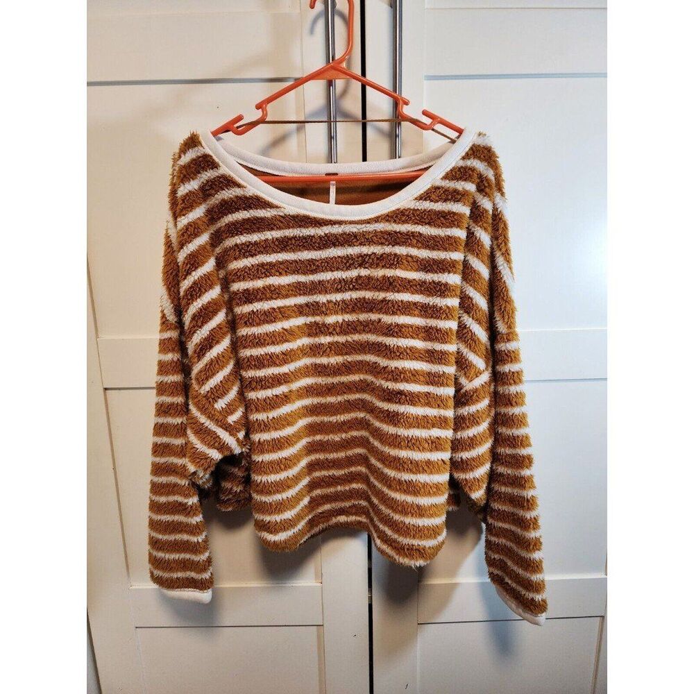 Free People Oversized Cropped Cozy Striped Brown White Round Neck Size S Sweater
